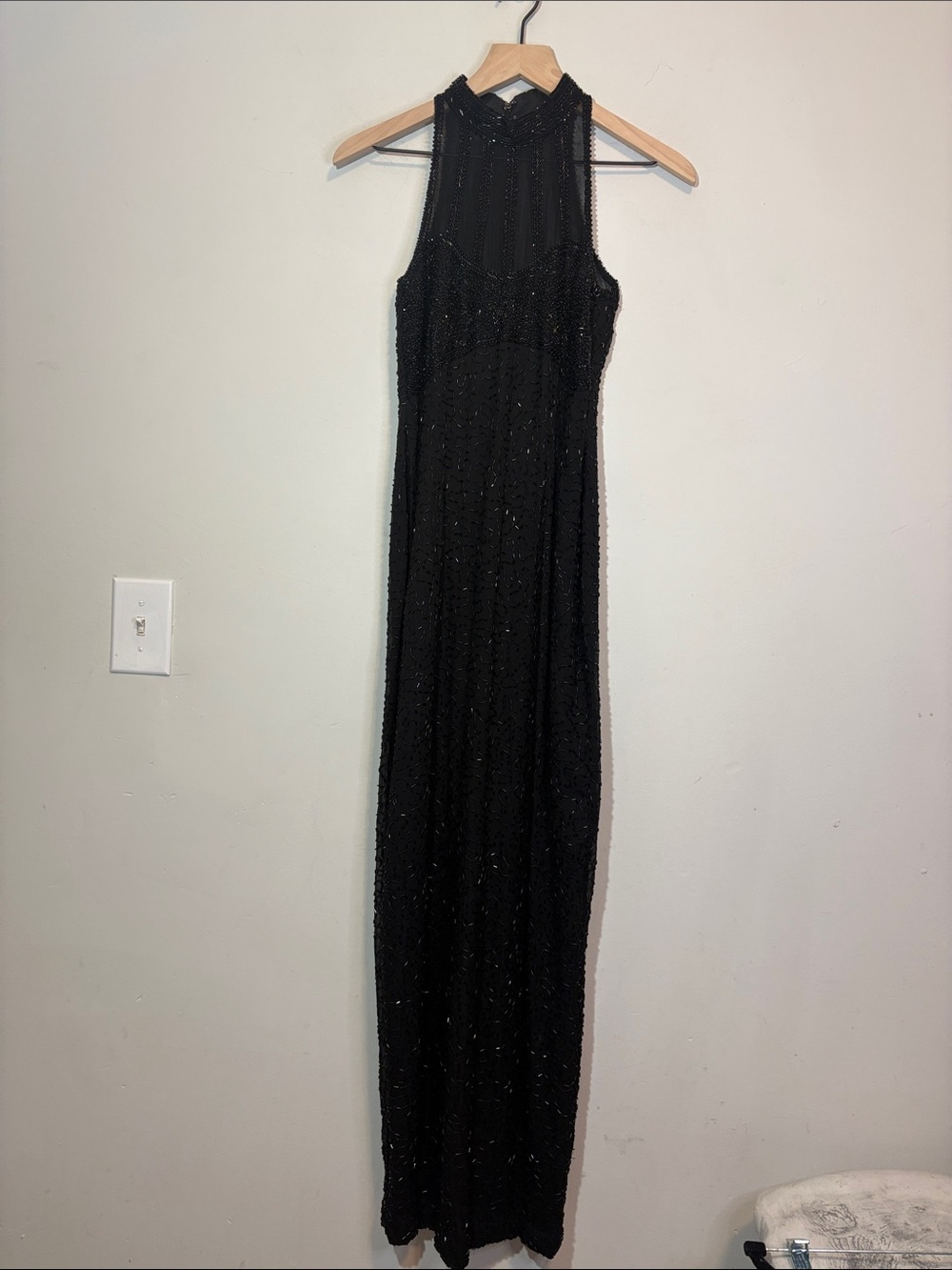 VTG Sténay Black Silk Beaded Overlay Silk High Neck Mesh Gown All Over Beading
